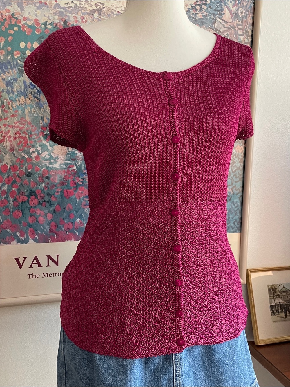 Emma James Knit Top Womens Medium Dark Pink Button Front Dark Academia Coquette